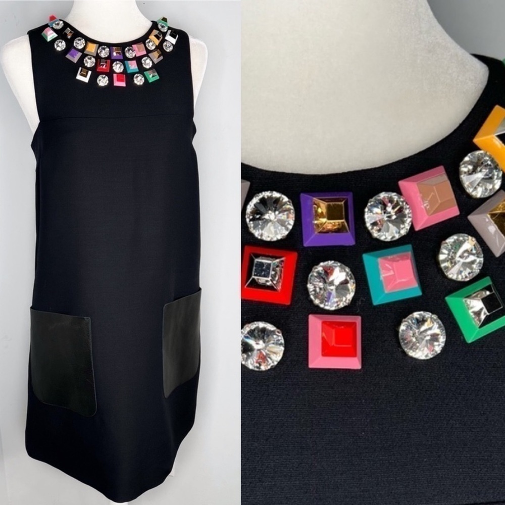 NWT Fendi Monster Eyes Embellished Black Leather Wool Cocktail Dress 42 6 - Picture 1 of 15